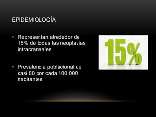 EPIDEMIOLOGÍA
• Representan alrededor de
15% de todas las neoplasias
intracraneales
• Prevalencia poblacional de
casi 80 por cada 100 000
habitantes
 