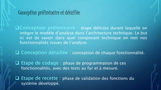 Conception préliminaire et détaillée
Conception préliminaire : étape délicate durant laquelle on
intègre le modèle d’analyse dans l’architecture technique. Le but
ici est de savoir dans quel composant technique on met nos
fonctionnalités issues de l’analyse.
 Conception détaillée : conception de chaque fonctionnalité.
 Etape de codage : phase de programmation de ces
fonctionnalités, avec des tests au fur et à mesure.
 Etape de recette : phase de validation des fonctions du
système développé.
 