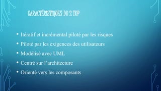 CARACTÉRISTIQUES DU 2 TUP
• Itératif et incrémental piloté par les risques
• Piloté par les exigences des utilisateurs
• Modélisé avec UML
• Centré sur l’architecture
• Orienté vers les composants
 