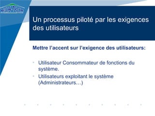 Un processus piloté par les exigences
des utilisateurs

Mettre l’accent sur l’exigence des utilisateurs:

• Utilisateur Consommateur de fonctions du
  système.
• Utilisateurs exploitant le système
  (Administrateurs…)
 