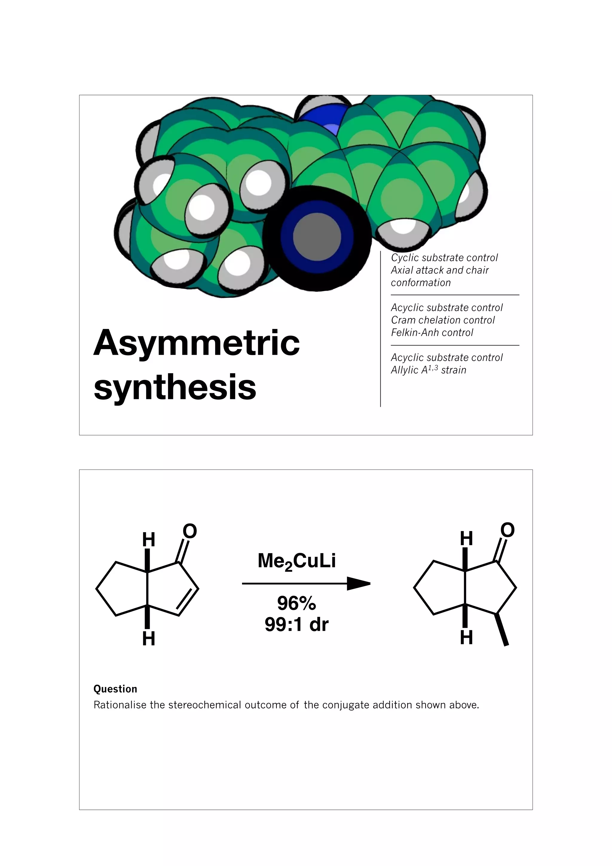 Asymmetric
synthesis
Cyclic substrate control
Axial attack and chair
conformation
Acyclic substrate control
Cram chelation control
Felkin-Anh control
Acyclic substrate control
Allylic A1,3 strain
H
H
O
Me2CuLi
96%
99:1 dr
H
H
O
Question
Rationalise the stereochemical outcome of the conjugate addition shown above.
 
