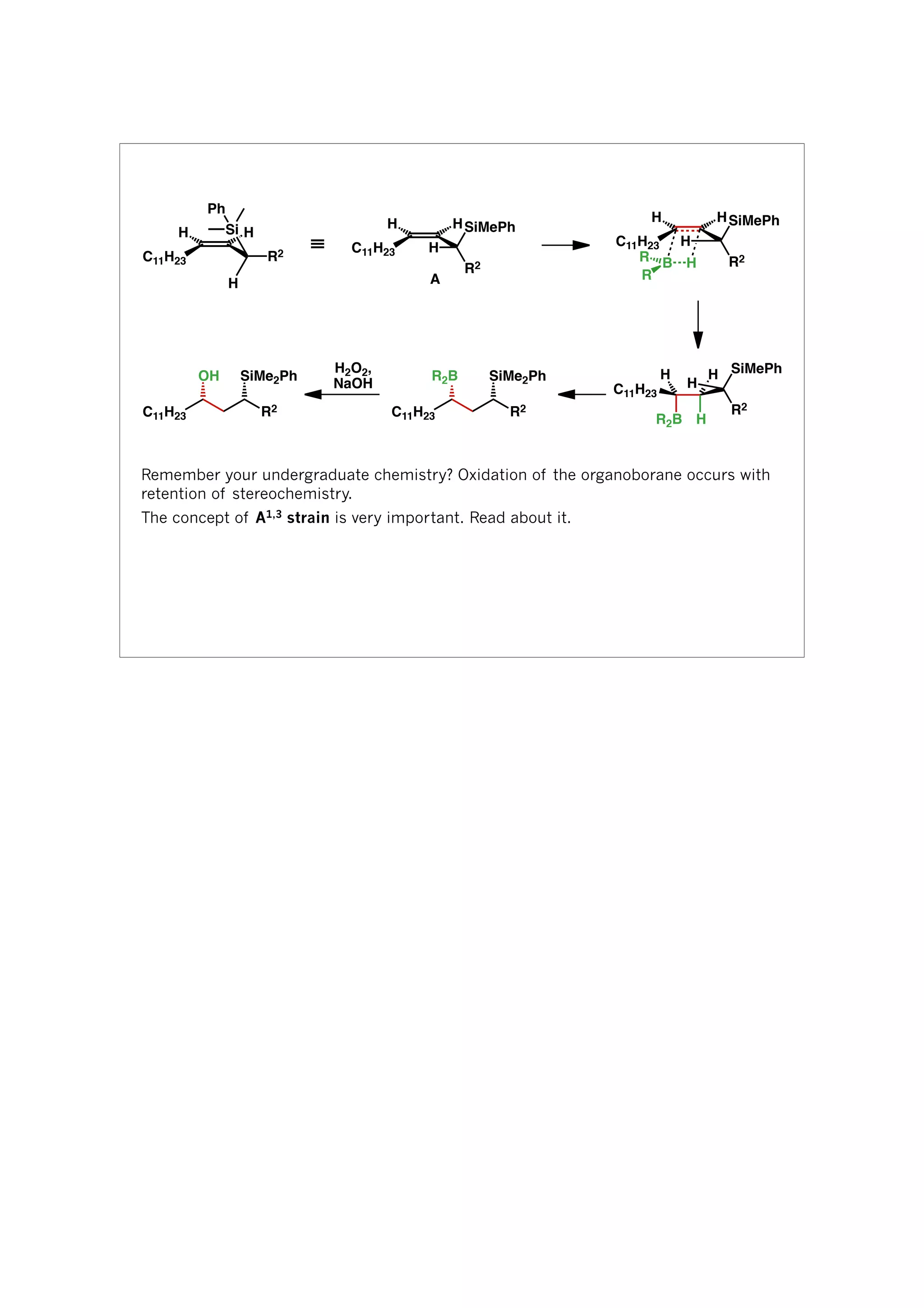 C11H23
H H
R2
Si
H
Ph
≡ C11H23
H H
H
R2
SiMePh
C11H23
H H
H
R2
SiMePh
HB
R
R
R2B H
H
C11H23
H
H
SiMePh
R2
R2
SiMe2Ph
C11H23
R2B
H2O2,
NaOH
R2
SiMe2Ph
C11H23
OH
A
Remember your undergraduate chemistry? Oxidation of the organoborane occurs with
retention of stereochemistry.
The concept of A1,3 strain is very important. Read about it.
 