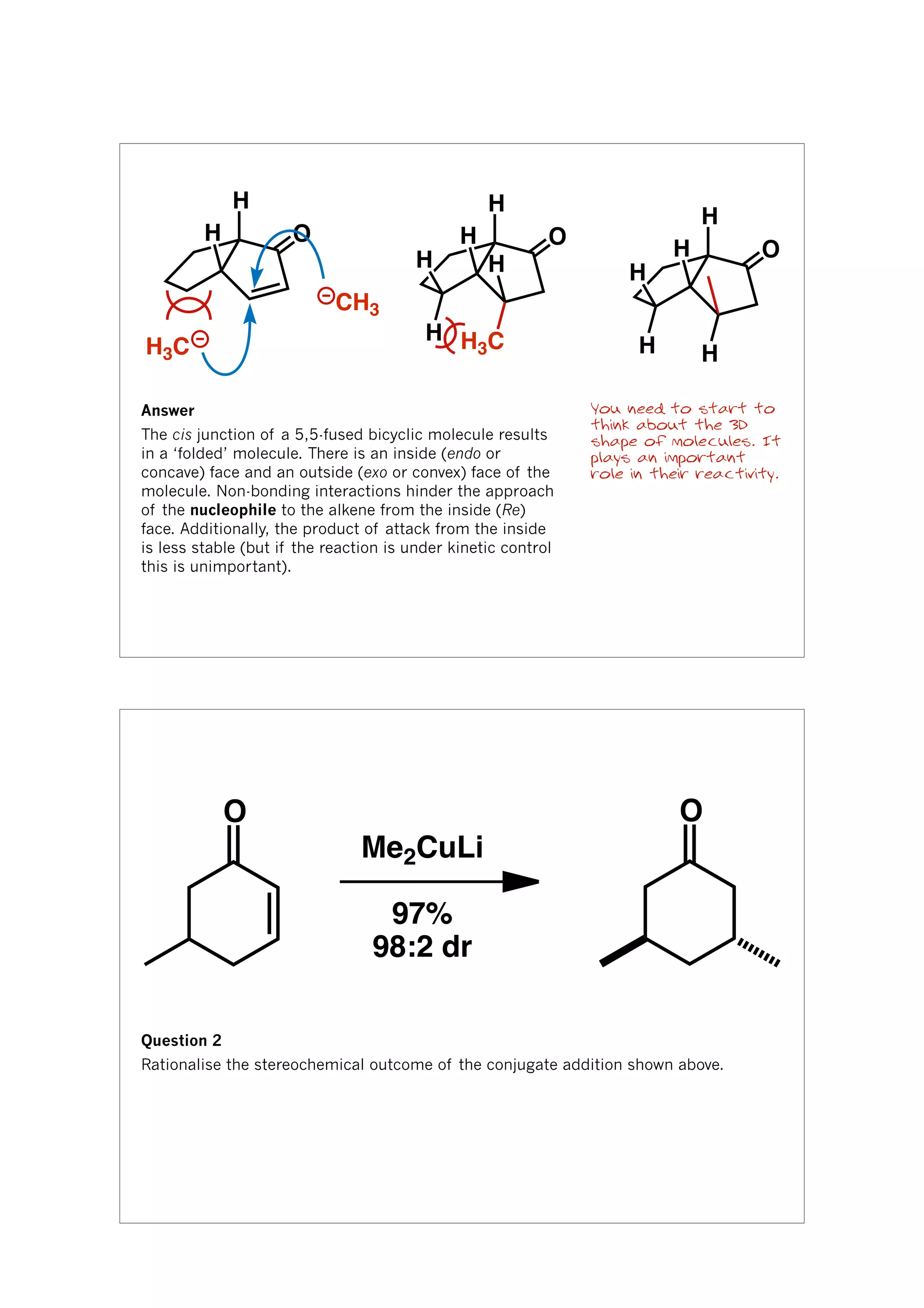 H
H O
H3C
CH3
H
H O
H
H
H
H
H O
H
H3C
H
H
Answer
The cis junction of a 5,5-fused bicyclic molecule results
in a ‘folded’ molecule. There is an inside (endo or
concave) face and an outside (exo or convex) face of the
molecule. Non-bonding interactions hinder the approach
of the nucleophile to the alkene from the inside (Re)
face. Additionally, the product of attack from the inside
is less stable (but if the reaction is under kinetic control
this is unimportant).
You need to start to
think about the 3D
shape of molecules. It
plays an important
role in their reactivity.
O
Me2CuLi
97%
98:2 dr
O
Question 2
Rationalise the stereochemical outcome of the conjugate addition shown above.
 