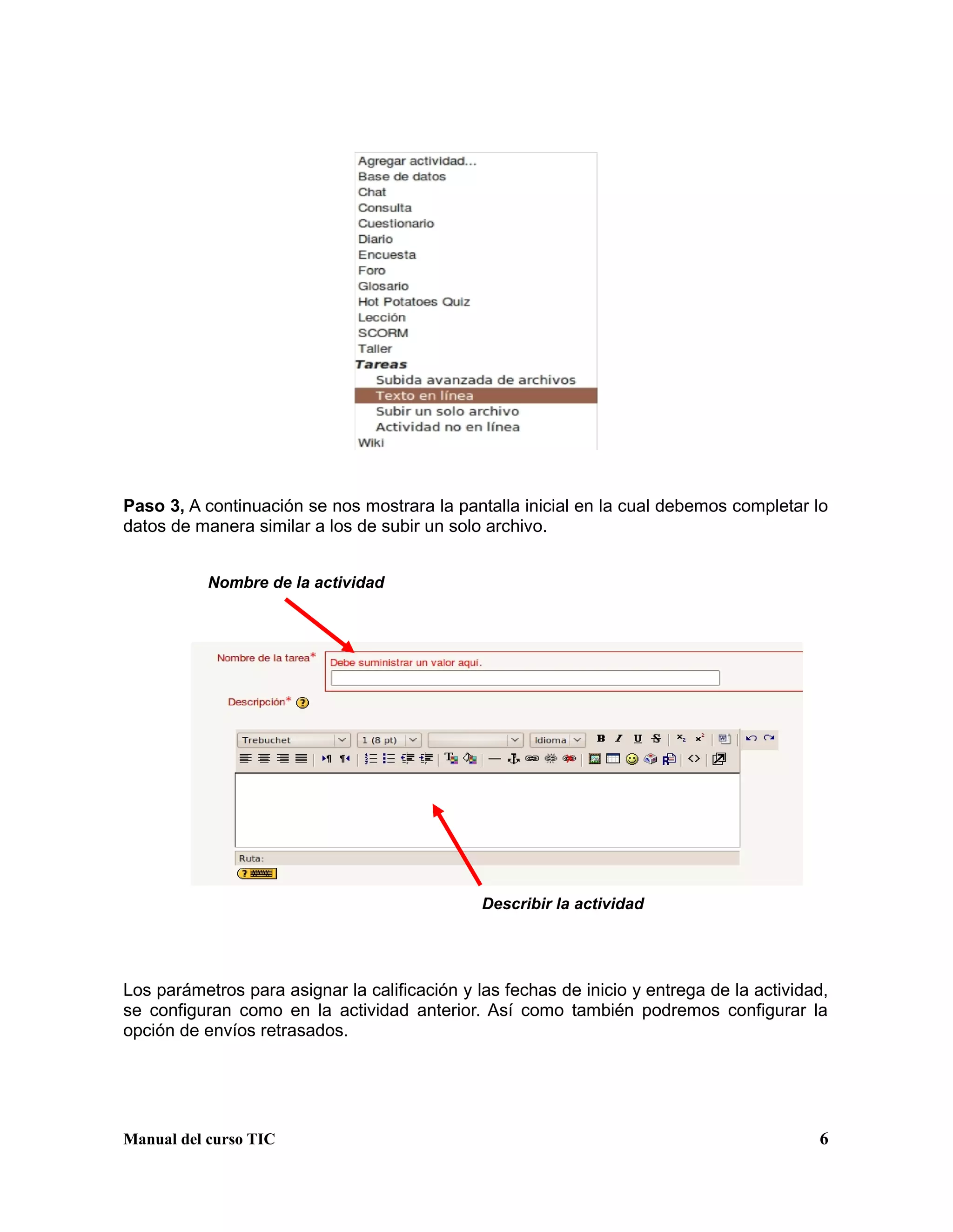 Manual del curso TIC 6
Paso 3, A continuación se nos mostrara la pantalla inicial en la cual debemos completar lo
datos de manera similar a los de subir un solo archivo.
Los parámetros para asignar la calificación y las fechas de inicio y entrega de la actividad,
se configuran como en la actividad anterior. Así como también podremos configurar la
opción de envíos retrasados.
Nombre de la actividad
Describir la actividad
 