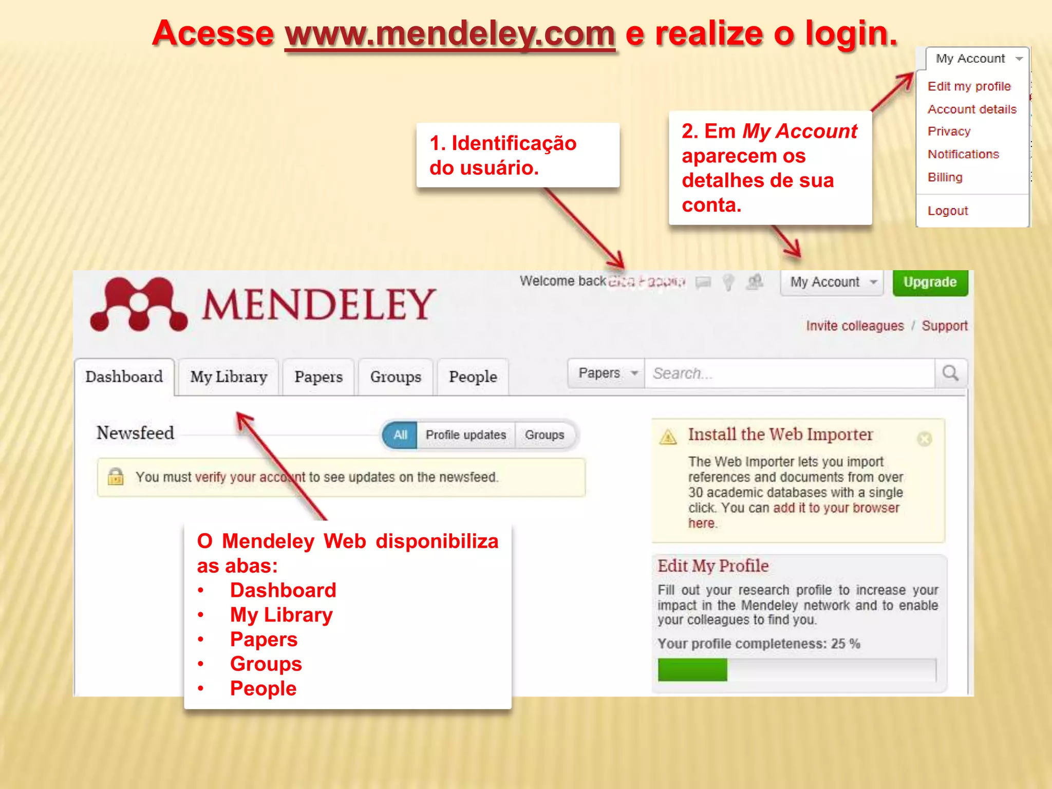 Acesse www.mendeley.com e realize o login.
1. Identificação
do usuário.

O Mendeley Web disponibiliza
as abas:
• Dashboard
• My Library
• Papers
• Groups
• People

2. Em My Account
aparecem os
detalhes de sua
conta.

 