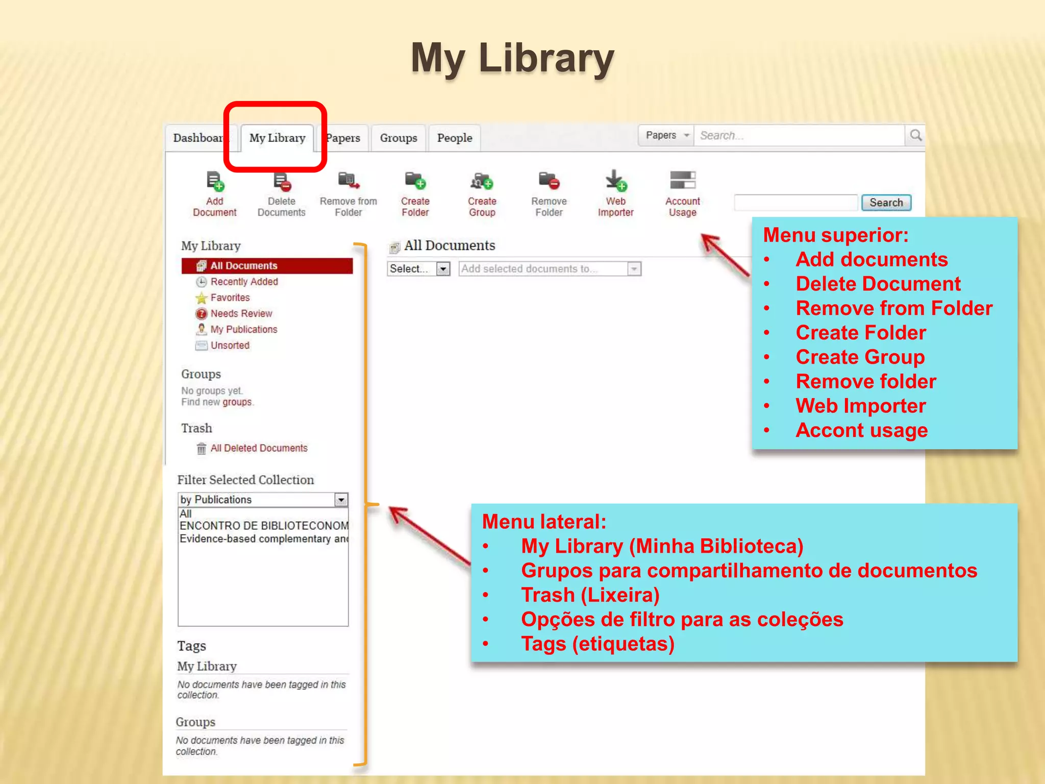 My Library

Menu superior:
• Add documents
• Delete Document
• Remove from Folder
• Create Folder
• Create Group
• Remove folder
• Web Importer
• Accont usage

Menu lateral:
•
My Library (Minha Biblioteca)
•
Grupos para compartilhamento de documentos
•
Trash (Lixeira)
•
Opções de filtro para as coleções
•
Tags (etiquetas)

 