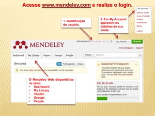 Acesse www.mendeley.com e realize o login.
1. Identificação
do usuário.

O Mendeley Web disponibiliza
as abas:
• Dashboard
• My Library
• Papers
• Groups
• People

2. Em My Account
aparecem os
detalhes de sua
conta.

 