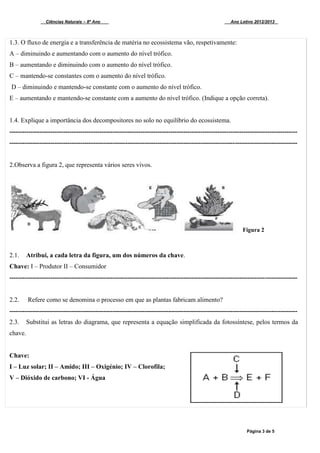 Ciências Naturais – 8º Ano Ano Letivo 2012/2013
Página 3 de 5
1.3. O fluxo de energia e a transferência de matéria no ecossistema vão, respetivamente:
A – diminuindo e aumentando com o aumento do nível trófico.
B – aumentando e diminuindo com o aumento do nível trófico.
C – mantendo-se constantes com o aumento do nível trófico.
D – diminuindo e mantendo-se constante com o aumento do nível trófico.
E – aumentando e mantendo-se constante com a aumento do nível trófico. (Indique a opção correta).
1.4. Explique a importância dos decompositores no solo no equilíbrio do ecossistema.
--------------------------------------------------------------------------------------------------------------------------------------
--------------------------------------------------------------------------------------------------------------------------------------
2.Observa a figura 2, que representa vários seres vivos.
2.1. Atribui, a cada letra da figura, um dos números da chave.
Chave: I – Produtor II – Consumidor
--------------------------------------------------------------------------------------------------------------------------------------
2.2. Refere como se denomina o processo em que as plantas fabricam alimento?
--------------------------------------------------------------------------------------------------------------------------------------
2.3. Substitui as letras do diagrama, que representa a equação simplificada da fotossíntese, pelos termos da
chave.
Chave:
I – Luz solar; II – Amido; III – Oxigénio; IV – Clorofila;
V – Dióxido de carbono; VI - Água
Figura 2
 