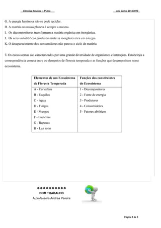Ciências Naturais – 8º Ano Ano Letivo 2012/2013
Página 5 de 5
G. A energia luminosa não se pode reciclar.
H. A matéria no nosso planeta é sempre a mesma.
I. Os decompositores transformam a matéria orgânica em inorgânica.
J. Os seres autotróficos produzem matéria inorgânica rica em energia.
K. O desaparecimento dos consumidores não parava o ciclo de matéria
7. Os ecossistemas são caracterizados por uma grande diversidade de organismos e interações. Estabeleça a
correspondência correta entre os elementos de floresta temperada e as funções que desempenham nesse
ecossistema.
Elementos de um Ecossistema
de Floresta Temperada
Funções dos constituintes
do Ecossistema
A - Carvalhos
B - Esquilos
C - Água
D - Fungos
E - Musgos
F - Bactérias
G - Raposas
H - Luz solar
1 - Decompositores
2 - Fonte de energia
3 - Produtores
4 - Consumidores
5 - Fatores abióticos

BOM TRABALHO
A professora Andrea Pereira
 