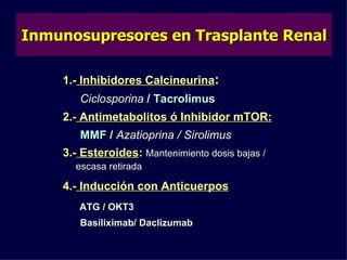 Inmunosupresores en Trasplante Renal 1.- Inhibidores Calcineurina : Ciclosporina / Tacrolimus 2.- Antimetabolitos ó Inhibidor mTOR: MMF / Azatioprina / Sirolimus 3.- Esteroides : Mantenimiento dosis bajas / escasa retirada 4.- Inducción con Anticuerpos ATG / OKT3 Basiliximab/ Daclizumab