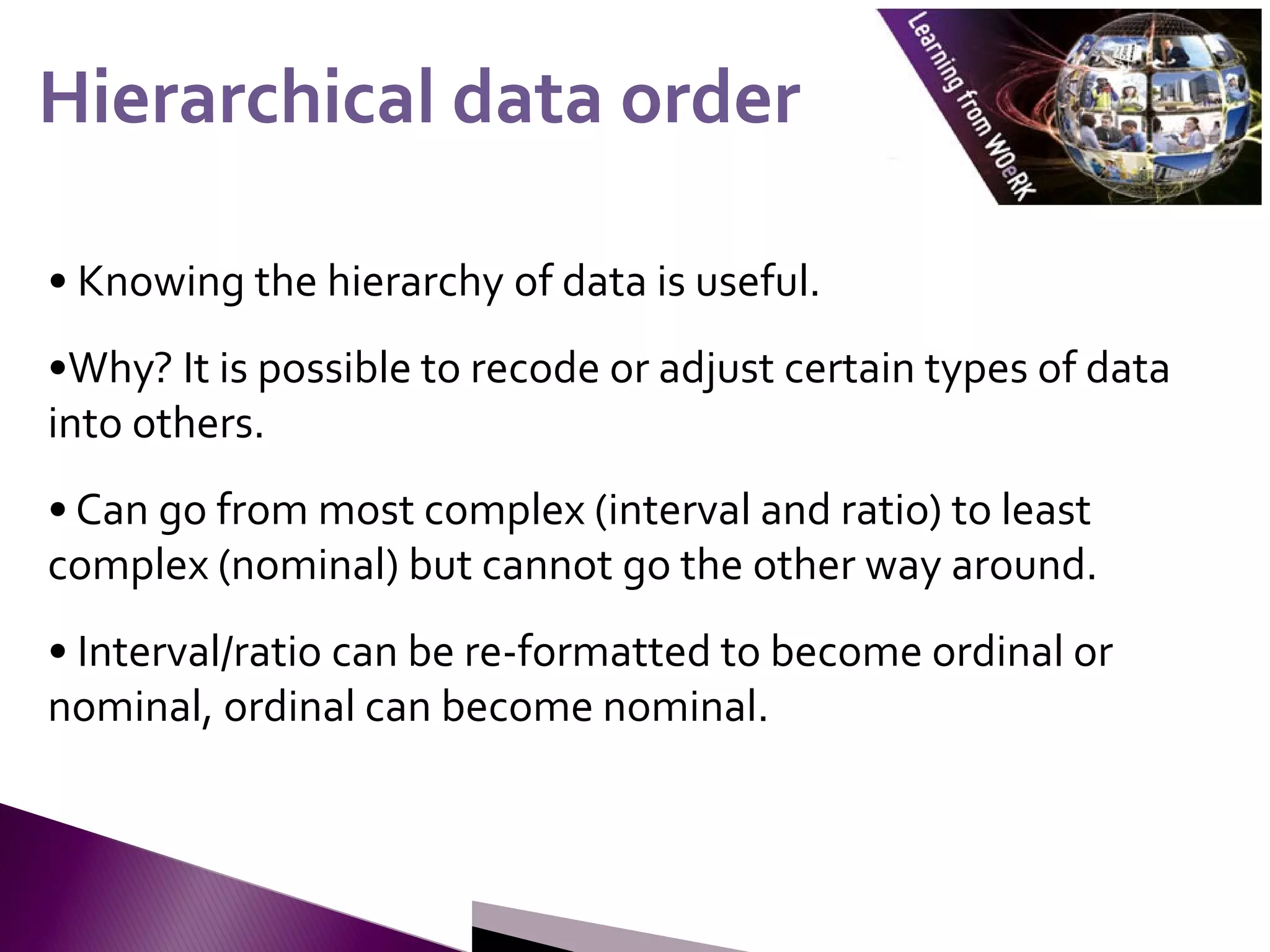 • Knowing the hierarchy of data is useful.
•Why? It is possible to recode or adjust certain types of data
into others.
• Can go from most complex (interval and ratio) to least
complex (nominal) but cannot go the other way around.
• Interval/ratio can be re-formatted to become ordinal or
nominal, ordinal can become nominal.
Hierarchical data order
Hierarchical data order
 