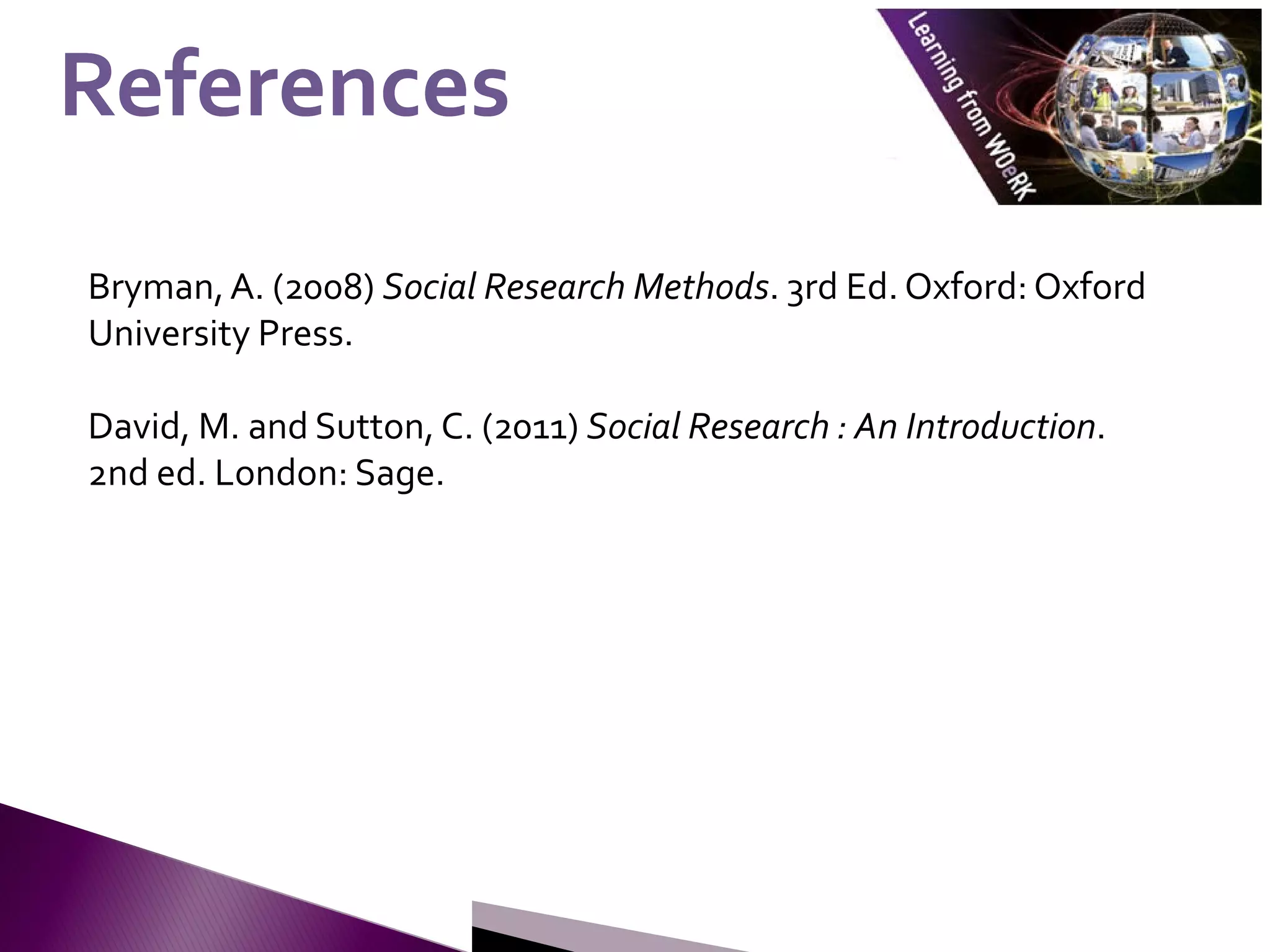 Bryman,A. (2008) Social Research Methods. 3rd Ed. Oxford: Oxford
University Press.
David, M. and Sutton, C. (2011) Social Research : An Introduction.
2nd ed. London: Sage.
References
References
 