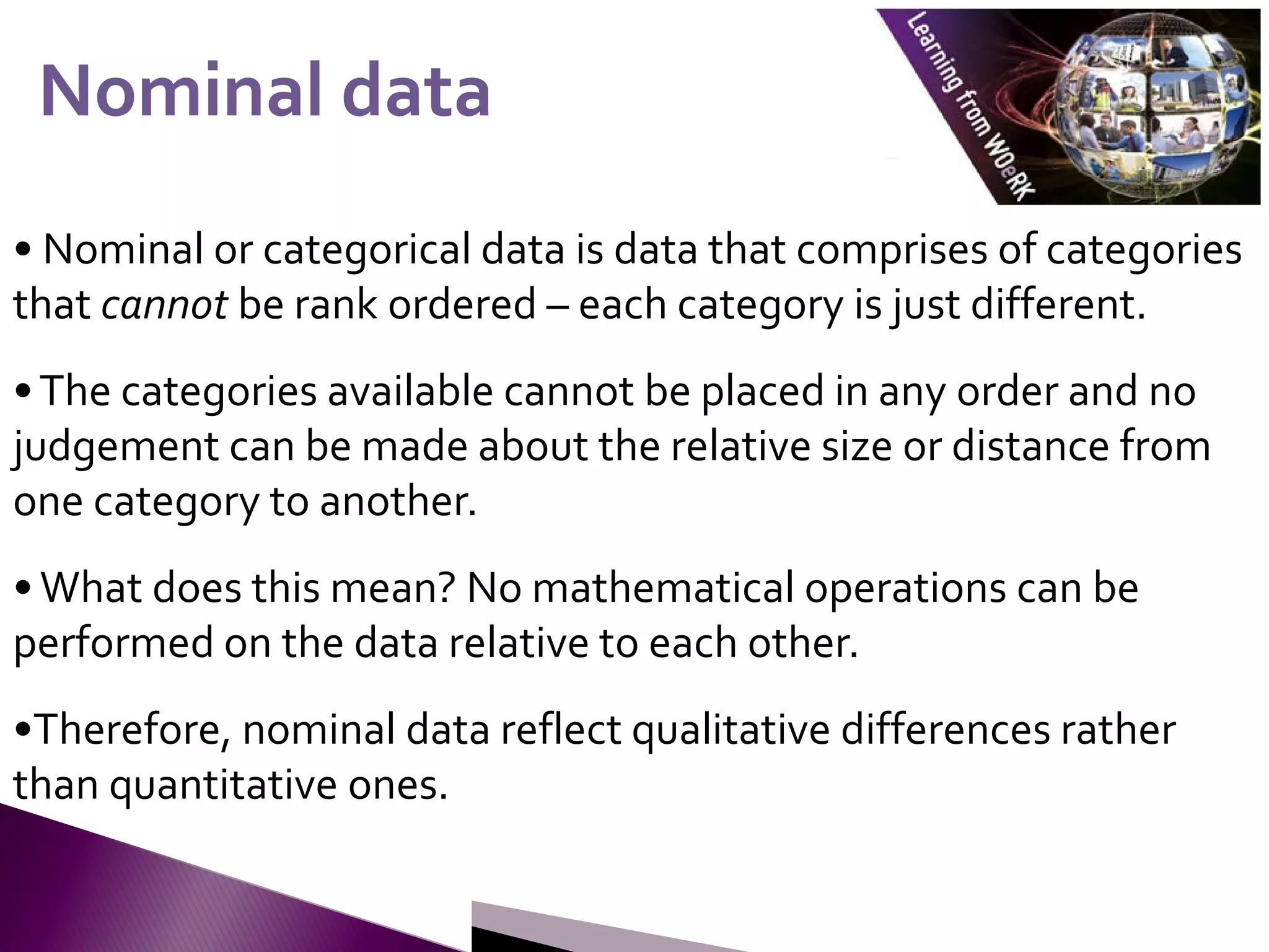 • Nominal or categorical data is data that comprises of categories
that cannot be rank ordered – each category is just different.
•The categories available cannot be placed in any order and no
judgement can be made about the relative size or distance from
one category to another.
•What does this mean? No mathematical operations can be
performed on the data relative to each other.
•Therefore, nominal data reflect qualitative differences rather
than quantitative ones.
Nominal data
Nominal data
 
