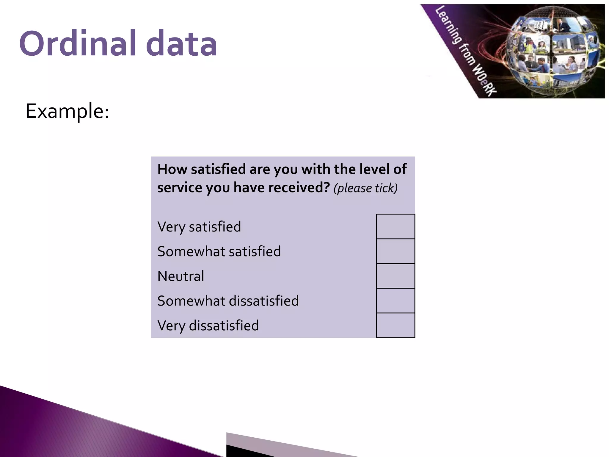 Example:
Ordinal data
Ordinal data
How satisfied are you with the level of
service you have received? (please tick)
Very satisfied
Somewhat satisfied
Neutral
Somewhat dissatisfied
Very dissatisfied
 