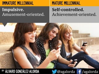 MATURE MILLENNIAL
Impulsive.	
  
Amusement-­‐oriented.	
  
Self-­‐controlled.	
  
Achievement-­‐oriented.	
  
IMMATURE MILLENNIAL
by ÁLVARO GONZÁLEZ-ALORDA @agalorda	
  	
  	
  	
  	
   /agalorda
 