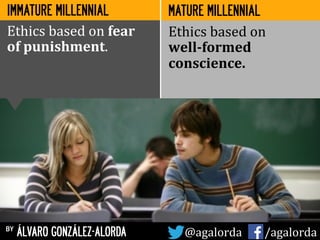 IMMATURE MILLENNIAL
by ÁLVARO GONZÁLEZ-ALORDA @agalorda	
  	
  	
  	
  	
   /agalorda
MATURE MILLENNIAL
Ethics	
  based	
  on	
  fear	
  	
  
of	
  punishment.	
  
Ethics	
  based	
  on	
  	
  
well-­‐formed	
  
conscience.	
  
 