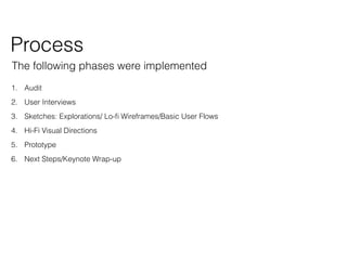 The following phases were implemented
1. Audit
2. User Interviews
3. Sketches: Explorations/ Lo-? Wireframes/Basic User Flows
4. Hi-Fi Visual Directions
5. Prototype
6. Next Steps/Keynote Wrap-up
Process
 