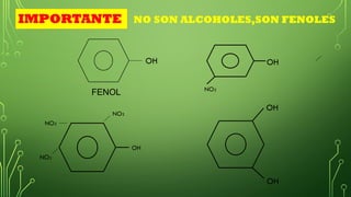 OH OH
NO SON ALCOHOLES,SON FENOLES
NO2
NO2
NO2
IMPORTANTE
NO2
OH
OH
OH
FENOL
 