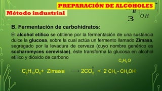 CH3
B. Fermentación de carbohidratos:
El alcohol etílico se obtiene por la fermentación de una sustancia
dulce la glucosa, sobre la cual actúa un fermento llamado Zimasa,
segregado por la levadura de cerveza (cuyo nombre genérico es
sccharomyces cerevisiae), éste transforma la glucosa en alcohol
etílico y dióxido de carbono
𝑯
+¿ ¿
CH3
O H
C6H12O6+ Zimasa 2CO2 + 2 CH3 - CH2OH
3
Método industrial
PREPARACIÓN DE ALCOHOLES
C2H6 O
 