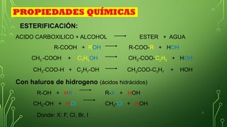 25
ESTERIFICACIÓN:
ACIDO CARBOXILICO + ALCOHOL ESTER + AGUA
R-COOH + ROH R-COO-R + HOH
CH3 -COOH + C2H5OH CH3-COO-C2H5 + HOH
CH3-COO-H + C3H7-OH CH3COO-C3H7 + HOH
Con haluros de hidrogeno (ácidos hidrácidos)
R-OH + HX R-X + HOH
CH3-OH + HCl CH3-Cl + HOH
Donde: X: F, Cl, Br, I
PROPIEDADES QUÍMICAS
 
