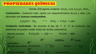 27
Combustión.- Oxidación total, rápida con desprendimiento de luz y calor. Los
alcoholes son buenos combustibles.
C2H5OH + 3O2 2CO2 + 3 H2O + calor
Oxidación controlada.- De acuerdo al tipo de 1°. 2°, 3° se producen, los
aldehídos se pueden oxidar hasta dar ácidos carboxílicos.
Alcohol primario R-CH2OH + [O] R-CHO + [O] R-
CO2-H
Aldehido Acido
carboxilico
Alcohol secundario R-CH(OH)- + [O] R-CO- + H2O
Alcohol terciario R-C(OH) + [O] no reacciona
R1
R1
R1
R1
Donde: [O]=agente oxidante: KMnO7, CuO, K2Cr2O7, HNO3
PROPIEDADES QUÍMICAS
 