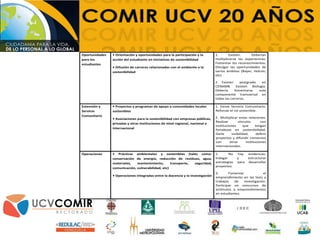 Oportunidades
para los
estudiantes
• Orientación y oportunidades para la participación y la
acción del estudiante en iniciativas de sostenibilidad
• Difusión de carreras relacionadas con el ambiente o la
sostenibilidad
1. Existen. Deberían
multiplicarse las experiencias.
Fomentar los reconocimientos.
Divulgar las oportunidades de
varios ámbitos (Bayer, Holcim,
etc)
2. Existen postgrado en
CENAMB. Existen Biología.
Debería fomentarse este
componente transversal en
todas las carreras.
Extensión y
Servicio
Comunitario
• Proyectos y programas de apoyo a comunidades locales
sostenibles
• Asociaciones para la sostenibilidad con empresas públicas,
privadas y otras instituciones de nivel regional, nacional e
internacional
1. Existe Servicio Comunitario.
Reforzar el rol sostenible.
2. Multiplicar estas relaciones.
Realizar vínculos con
instituciones que tengan
fortalezas en sostenibilidad.
Darle visibilidad, definir
proyectos y difundir conveniso
con otras instituciones
internacionales.
Operaciones • Prácticas ambientales y sostenibles (tales como:
conservación de energía, reducción de residuos, agua,
materiales, mantenimiento, transporte, seguridad,
comunicación, vulnerabilidad, etc)
• Operaciones integradas entre la docencia y la investigación
1. No hay evidencias.
Indagar y estructurar
estrategias para desarrollar
proyectos.
2. Fomentar el
emprendimiento en las tesis y
trabajos de investigación.
Participar en concursos de
estímulos a emprendimientos
en estudiantes.
 
