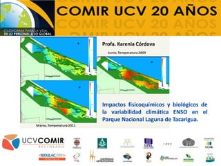 Marzo,Temperatura 2001
Marzo,Temperatura 2011
Junio,Temperatura 2009
Impactos fisicoquímicos y biológicos de
la variabilidad climática ENSO en el
Parque Nacional Laguna de Tacarigua.
Profa. Karenia Córdova
 