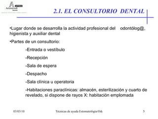 2.1. EL CONSULTORIO  DENTAL Lugar donde se desarrolla la actividad profesional del  odontólog@, higienista y auxiliar dental Partes de un consultorio: -Entrada o vestíbulo -Recepción  -Sala de espera -Despacho -Sala clínica u operatoria -Habitaciones paraclínicas: almacén, esterilización y cuarto de revelado, si dispone de rayos X: habitación emplomada 