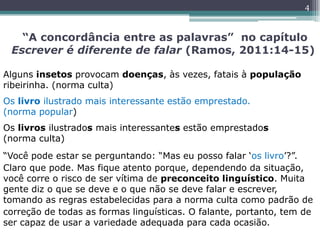 “A concordância entre as palavras” no capítulo
Escrever é diferente de falar (Ramos, 2011:14-15)
Alguns insetos provocam doenças, às vezes, fatais à população
ribeirinha. (norma culta)
Os livro ilustrado mais interessante estão emprestado.
(norma popular)
Os livros ilustrados mais interessantes estão emprestados
(norma culta)
“Você pode estar se perguntando: “Mas eu posso falar „os livro‟?”.
Claro que pode. Mas fique atento porque, dependendo da situação,
você corre o risco de ser vítima de preconceito linguístico. Muita
gente diz o que se deve e o que não se deve falar e escrever,
tomando as regras estabelecidas para a norma culta como padrão de
correção de todas as formas linguísticas. O falante, portanto, tem de
ser capaz de usar a variedade adequada para cada ocasião.
4
 