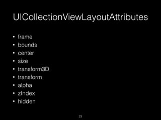UICollectionViewLayoutAttributes
23
• frame
• bounds
• center
• size
• transform3D
• transform
• alpha
• zIndex
• hidden
 
