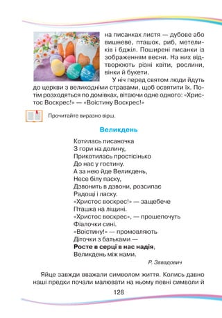128128
на писанках листя — дубове або
вишневе, пташок, риб, метели-
ків і бджіл. Поширені писанки із
зображенням весни. На них від-
творюють різні квіти, рослини,
вінки й букети.
У ніч перед святом люди йдуть
до церкви з великодніми стравами, щоб освятити їх. По-
тім розходяться по домівках, вітаючи одне одного: «Хрис-
тос Воскрес!» — «Воістину Воскрес!»
	
Прочитайте виразно вірш.
Великдень
Котилась писаночка
З гори на долину,
Прикотилась простісінько
До нас у гостину.
А за нею йде Великдень,
Несе білу паску,
Дзвонить в дзвони, розсипає
Радощі і ласку.
«Христос воскрес!» — защебече
Пташка на ліщині.
«Христос воскрес», — прошепочуть
Фіалочки сині.
«Воістину!» — промовляють
Діточки з батьками —
Росте в серці в нас надія,
Великдень між нами.
Р. Завадович
Яйце завжди вважали символом життя. Колись давно
наші предки почали малювати на ньому певні символи й
 