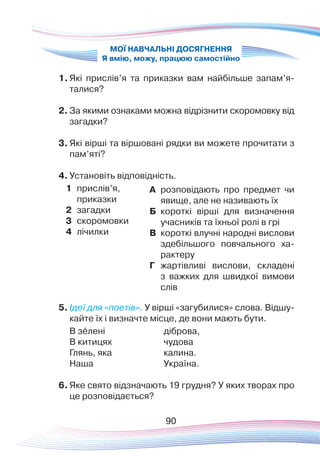 А	 розповідають про предмет чи
явище, але не називають їх
Б	 короткі вірші для визначення
учасників та їхньої ролі в грі
В	 короткі влучні народні вислови
здебільшого повчального ха-
рактеру
Г	 жартівливі вислови, складені
з важких для швидкої вимови
слів
МОЇ НАВЧАЛЬНІ ДОСЯГНЕННЯ
Я вмію, можу, працюю самостійно
1.	Які прислів’я та приказки вам найбільше запам’я-
талися?
2.	За якими ознаками можна відрізнити скоромовку від
загадки?
3.	Які вірші та віршовані рядки ви можете прочитати з
пам’яті?
4.	Установіть відповідність.
1	 прислів’я,
	 приказки
2	 загадки
3	 скоромовки
4	 лічилки
5.	Ідеї для «поетів». У вірші «загубилися» слова. Відшу-
кайте їх і визначте місце, де вони мають бути.
В зéлені 	 	 	 діброва,
В китицях 		 	 чудова
Глянь, яка 		 	 калина.
Наша 	 	 	 Україна.
6.	Яке свято відзначають 19 грудня? У яких творах про
це розповідається?
90
 