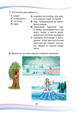 91
7.	Установіть відповідність.
1	 казка
2	 оповідання
3	 легенда
4	 вірш
8.	Визначте, до яких віршів створено малюнки.
А	 народна розповідь про дав-
ні історичні події та героїв
Б	 твір, побудований на риму-
ванні рядків
В	 невеликий художній твір,
у якому розповідається про
якусь подію з життя дітей,
дорослих, рослини чи тварин
Г	 народна розповідь з вига-
даним, іноді фантастичним
змістом про тварин, росли-
ни, людей та неживі пред-
мети
 