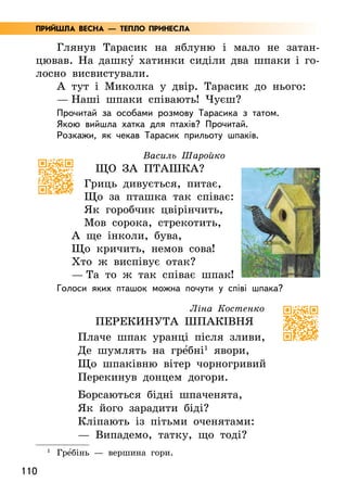 110
Глянув Тарасик на яблуню і мало не затан-
цював. На дашку5 хатинки сиділи два шпаки і го-
лосно висвистували.
А тут і Миколка у двір. Тарасик до нього:
— Наші шпаки співають! Чуєш?
Прочитай за особами розмову Тарасика з татом.
Якою вийшла хатка для птахів? Прочитай.
Розкажи, як чекав Тарасик прильоту шпаків.
Василь Шаройко
Що з
а п
таш
ка?
Гриць дивується, питає,
Що за пташка так співає:
Як горобчик цвірінчить,
Мов сорока, стрекотить,
А ще інколи, бува,
Що кричить, немов сова!
Хто ж виспівує отак?
— Та то ж так співає шпак!
Голоси яких пташок можна почути у співі шпака?
Ліна Костенко
Перекинута шпаківня
Плаче шпак уранці після зливи,
Де шумлять на гре5бні1
явори,
Що шпаківню вітер чорногривий
Перекинув донцем догори.
Борсаються бідні шпаченята,
Як його зарадити біді?
Кліпають із пітьми оченятами:
— Випадемо, татку, що тоді?
1
Гре5бінь — вершина гори.
ПРИЙШЛА ВЕСНА — ТЕПЛО ПРИНЕСЛА
 
