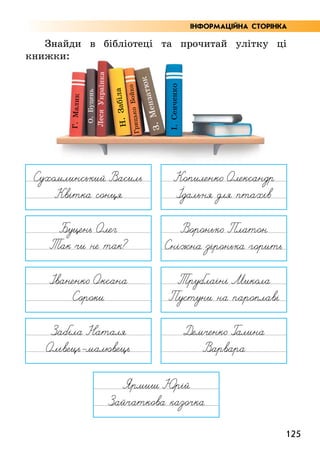 125
Знайди в бібліотеці та прочитай улітку ці
книжки:
Г.
М
ал
ик
О.
Б
уцень
Леся
Украї
нка
Н
.
З
а
б
і
л
а
Г
р
и
ц
ь
к
о
Б
о
й
к
о
З
.
М
е
н
з
а
т
ю
к
І
.
Сенченко
ІНФОРМАЦІЙНА СТОРІНКА
 