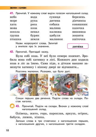 18
41. Прочитай. У кожному слові виділи голосом наголошений склад.
небо
море
хата
мова
школа
груша
пташка
вода
рука
роса
коза
пенал
буряк
земля
суниця
дитина
собака
малина
калюжа
цибуля
малюнок
березень
дівчинка
соняшник
казочка
вишивка
зошити
квіточка
Назви незрозумілі слова. Запитай
у вчителя про їх значення.
42. Прочитай. Пригадай казку.
Була собі коза. У неї було семеро козенят. Зро-
била вона собі хатинку в лісі. Кожного дня ходила
коза в ліс за їжею. Сама піде, а діткам накаже за-
мкнути хатинку і нікому двері не відчиняти…
Розглянь малюнки. Розкажи, що було далі.
Спиши перших два речення. Поділи слова на склади. По-
став наголос.
43. Прочитай. Поділи на склади. Визнач у кожному слові
наголошений склад.
Олівець, жито, гора, пароплав, аркуш, огірок,
бабуся, лимон, кішка.
Запиши слова в три стовпчики: з наголошеним першим,
з наголошеним другим, з наголошеним третім складом.
дити5на
ЗВУКИ І БУКВИ
 
