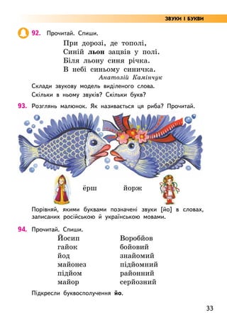 33
92. Прочитай. Спиши.
При дорозі, де тополі,
Синій льон зацвів у полі.
Біля льону синя річка.
В небі синьому синичка.
Анатолій Камінчук
Склади звукову модель виділеного слова.
Скільки в ньому звуків? Скільки букв?
93. Розглянь малюнок. Як називається ця риба? Прочитай.
Порівняй, якими буквами позначені звуки [йо] в словах,
записаних російською й українською мовами.
94. Прочитай. Спиши.
Йосип
гайок
йод
майонез
підйом
майор
Воробйов
бойовий
знайомий
підйомний
районний
серйозний
Підкресли буквосполучення йо.
ёрш йорж
ЗВУКИ І БУКВИ
 