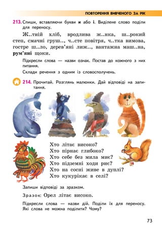 73
213. Спиши, вставляючи букви и або і. Виділене слово поділи
для переносу.
Ж..тній хліб, вродлива ж..нка, ш..рокий
степ, смачні груш.., ч..сте повітря, ч..тка вимова,
гостре ш..ло, дерев’яні лиж.., вантажна маш..на,
рум’яні щоки.
Підкресли слова — назви ознак. Постав до кожного з них
питання.
Склади речення з одним із словосполучень.
214. Прочитай. Розглянь малюнки. Дай відповіді на запи-
тання.
Хто літає високо?
Хто пірнає глибоко?
Хто себе без мила миє?
Хто підземні ходи риє?
Хто на сосні живе в дуплі?
Хто кукурікає в селі?
Запиши відповіді за зразком.
Зразок: Орел літає високо.
Підкресли слова — назви дій. Поділи їх для переносу.
Які слова не можна поділити? Чому?
ПОВТОРЕННЯ ВИВЧЕНОГО ЗА РІК
 