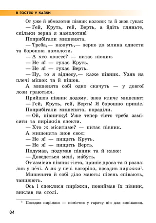 84
От уже й обмолотив півник колосок та й знов гукає:
— Гей, Круть, гей, Верть, а йдіть гляньте,
скільки зерна я намолотив!
Поприбігали мишенята.
— Треба,— кажуть,— зерно до млина однести
та борошна намолоти.
— А хто понесе? — питає півник.
— Не я! — гукає Круть.
— Не я! — гукає Верть.
— Ну, то я віднесу,— каже півник. Узяв на
плечі мішок та й пішов.
А мишенята собі одно скачуть — у довгої
лози граються.
Прийшов півник додому, знов кличе мишенят:
— Гей, Круть, гей, Верть! Я борошно приніс.
Поприбігали мишенята, пораділи.
— Ой, півничку! Уже тепер тісто треба замі-
сити та пиріжків спекти.
— Хто ж міситиме? — питає півник.
А мишенята знов своє:
— Не я! — пищить Круть.
— Не я! — пищить Верть.
Подумав, подумав півник та й каже:
— Доведеться мені, ма5бу5ть.
От замісив півник тісто, приніс дрова та й розпа-
лив у пе5чі. А як у печі нагоріло, посадив пиріжки1
.
Мишенята й собі діло мають: пісень співають,
танцюють.
Ось і спеклися пиріжки, повиймав їх півник,
виклав на столі.
1
Посадив пиріжки — помістив у гарячу піч для випікання.
В ГОСТЯХ У КАЗКИ
 