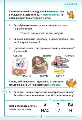 Тема 1. Зміни
У кожному слові є склад, який вимовляється
з більшою силою голосу, — наголошений. Го­
лосний звук у ньому звучить чітко.
Спробуй вимовляти слова, ставлячи наголос
на різні склади.
Телятко, запам’ятай, книга, добрий.
3. Скільки варіантів наголосу у двоскладових сло­
вах? У трискладових?
4. Прочитай слова. Чи однакові вони у написанні?
А у вимові?
Слова, які пишуться однаково, а вимовля­
ються по-різному, називаються омбграфи.
Складіть і запишіть речення з омографами "брати".
Як змінюється значення слова зі зміною наголосу?
і Літери бабляться!
Щоб розгадати ребуси,
скажи, що на чому.
А З БА
НАС ТИ Н
19
 