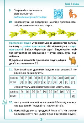 Тема 1. Зміни
9. Потренуйся впізнавати
різні емоції тут:
svitdovkola.org/um2/media4
10. Вимов звуки, що потрапили на сліди дракона. Зга­
дай, як називаються такі звуки.
Приголосні звуки утворюються за допомогою голосу
та шуму — дзвінкі приголосні, або тільки шуму — глухі
приголосні. Звідки береться шум? Видихуване пові­
тря натрапляє на перешкоди — губи, язик, зуби, під­
небіння.
В українській мові 32 приголосні звуки, а букв
для їх позначення — 22.
11. Прочитай пари дзвінких і глухих приголосних і по­
рівняй, як вони звучать.
дзвінкі [б] [г] [ґ] [д] [д] [з] [3'1 [ж] [Дж] [цз] [дз]
глухі [п] м м [т] [т-] М [С] [ш] м [Ц] [ц]
Зверни увагу, деякі приголосні не мають пари.
дзвінкі [в] [й] и [д'] [м] [н] [н] [р] [р] -
глухі [ф]
12. Чи є у вашій класній чи шкільній бібліотеці книжки
про драконів? Пошукайте і прочитайте їх.
13. Намалюй дракона, придумай йому ім'я. Чи можли­
во використати при цьому лише приголосні звуки?
21
 