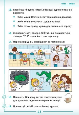 Тема 1. Зміни
15. Уяви іншу кінцівку історії, обравши один з поданих
варіантів.
Якби мама Юлі теж перетворилася на дракона.
Якби Юля не сказала: "Драконе, киш!".
Якби тато справді купив двох принцес і корову.
16. Знайди в тексті слово з 13 букв, яке починається
з літери "С". Розділи його для переносу.
. Перекажи рідним оповідання за малюнками.
18. Напишіть Юлиному татові список покупок:
для дракона та для приготування вечері.
19. Презентуйте свій список іншим групам.
23
 