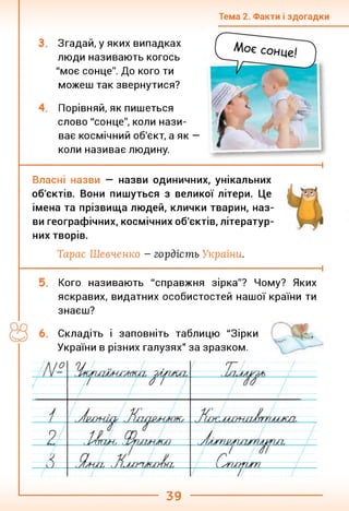 Тема 2. Факти і здогадки
Згадай, у яких випадках
люди називають когось
"моє сонце". До кого ти
можеш так звернутися?
Порівняй, як пишеться
слово "сонце", коли нази­
ває космічний об'єкт, а як —
коли називає людину.
1
Власні назви — назви одиничних, унікальних
об'єктів. Вони пишуться з великої літери. Це
імена та прізвища людей, клички тварин, наз­
ви географічних, космічних об'єктів, літератур­
них творів.
Тарас Шевченко - гордість України.
------------------------------------------------------------------------------------------------------1
Кого називають "справжня зірка"? Чому? Яких
яскравих, видатних особистостей нашої країни ти
знаєш?
Складіть і заповніть таблицю "Зірки
України в різних галузях" за зразком.
39
 
