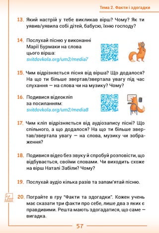 Тема 2. Факти і здогадки
Який настрій у тебе викликав вірш? Чому? Як ти
уявив/уявила собі дітей, бабусю, їхню господу?
Послухай пісню у виконанні
Марії Бурмаки на слова
цього вірша:
svitdovkola.org/um2/media7
Чим відрізняється пісня від вірша? Що додалося?
На що ти більше звертав/звертала увагу під час
слухання — на слова чи на музику? Чому?
16. Подивися відеокліп
за посиланням:
svitdovkola.org/um2/media8
Чим кліп відрізняється від аудіозапису пісні? Що
спільного, а що додалося? На що ти більше звер­
тав/звертала увагу — на слова, музику чи зобра­
ження?
18. Подивися відео без звуку й спробуй розповісти, що
відбувається, своїми словами. Чи виходить схоже
на вірш Наталі Забіли? Чому?
19. Послухай аудіо кілька разів та запам'ятай пісню.
20. Пограйте в гру "Факти та здогадки". Кожен учень
має сказати три факти про себе, лише два з яких є
правдивими. Решта мають здогадатися, що саме —
вигадка.
57
 