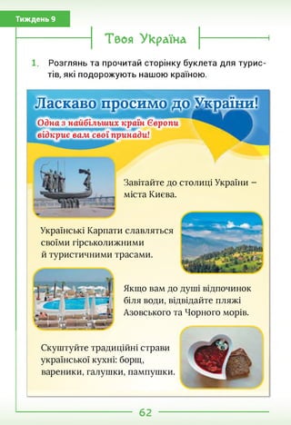 Тиждень 9
Твоя "Україна
Розглянь та прочитай сторінку буклета для турис­
тів, які подорожують нашою країною.
Ласкаво просимо до України!
Одна з найбільших країн Європи
відкриє важ свої принади!
Завітайте до столиці України -
міста Києва.
Українські Карпати славляться
своїми гірськолижними
й туристичними трасами.
Якщо вам до душі відпочинок
біля води, відвідайте пляжі
Азовського та Чорного морів.
Скуштуйте традиційні страви
української кухні: борщ,
вареники, галушки, пампушки.
62
 