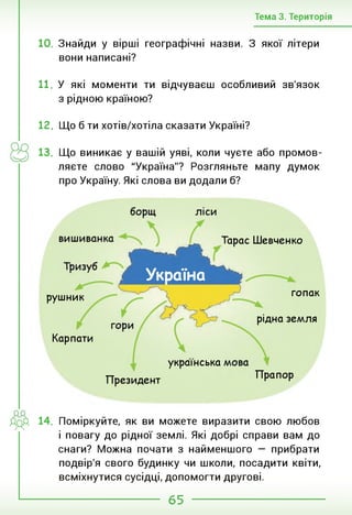 Тема 3. Територія
10. Знайди у вірші географічні назви. З якої літери
вони написані?
11. У які моменти ти відчуваєш особливий зв'язок
з рідною країною?
12. Що б ти хотів/хотіла сказати Україні?
13. Що виникає у вашій уяві, коли чуєте або промов­
ляєте слово "Україна"? Розгляньте мапу думок
про Україну. Які слова ви додали б?
Тарас Шевченко
рушник
Карпати
Укоаїна
гопак
рідна земля
українська
Президент Прапор
ДОД. 14. Поміркуйте, як ви можете виразити свою любов
і повагу до рідної землі. Які добрі справи вам до
снаги? Можна почати з найменшого — прибрати
подвір'я свого будинку чи школи, посадити квіти,
всміхнутися сусідці, допомогти другові.
65
 