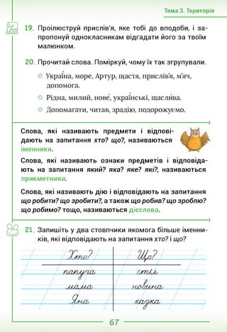 Тема 3. Територія
19. Проілюструй прислів'я, яке тобі до вподоби, і за­
пропонуй однокласникам відгадати його за твоїм
малюнком.
20. Прочитай слова. Поміркуй, чому їх так згрупували.
О Україна, море, Артур, щастя, прислів’я, м’яч,
допомога.
О Рідна, милий, нове, українські, щаслива.
О Допомагати, читав, зрадію, подорожуємо.
----------------------------------------------------------------------------------1
Слова, які називають предмети і відпові­
дають на запитання хто? що?, називаються
іменники.
Слова, які називають ознаки предметів і відповіда­
ють на запитання який? яка? яке? які?, називаються
прикметники.
Слова, які називають дію і відповідають на запитання
що робити? що зробити?, а також що робив? що зроблю?
що робимо? тощо, називаються дієслова.
21. Запишіть у два стовпчики якомога більше іменни­
ків, які відповідають на запитання хто? і що?
члглт л
(АЛЛ!
Iі/ /
/ ПДЖШЛЛІ; т/ггшл
/ / т Я.
ЛЛЛЬЛЛЛІ/ НЛлґЬСЛЛ/
КЛЛЖУЪ
Л д У У.
67
 