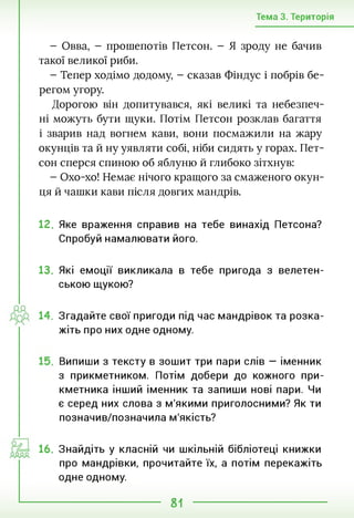 Тема 3. Територія
- Овва, - прошепотів Петсон. - Я зроду не бачив
такої великої риби.
- Тепер ходімо додому, - сказав Фіндус і побрів бе­
регом угору.
Дорогою він допитувався, які великі та небезпеч­
ні можуть бути щуки. Потім Петсон розклав багаття
і зварив над вогнем кави, вони посмажили на жару
окунців та й ну уявляти собі, ніби сидять у горах. Пет­
сон сперся спиною об яблуню й глибоко зітхнув:
- Охо-хо! Немає нічого кращого за смаженого окун­
ця й чашки кави після довгих мандрів.
12. Яке враження справив на тебе винахід Петсона?
Спробуй намалювати його.
13. Які емоції викликала в тебе пригода з велетен­
ською щукою?
14. Згадайте свої пригоди під час мандрівок та розка­
жіть про них одне одному.
Випиши з тексту в зошит три пари слів — іменник
з прикметником. Потім добери до кожного при­
кметника інший іменник та запиши нові пари. Чи
є серед них слова з м'якими приголосними? Як ти
позначив/позначила м'якість?
16. Знайдіть у класній чи шкільній бібліотеці книжки
про мандрівки, прочитайте їх, а потім перекажіть
одне одному.
81
 
