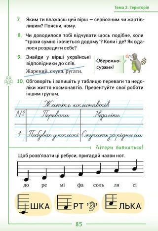 Тема 3. Територія
Яким ти вважаєш цей вірш — серйозним чи жартів-
ливим? Поясни, чому.
8. Чи доводилося тобі відчувати щось подібне, коли
"трохи сумно і хочеться додому"? Коли і де? Як вда­
лося розрадити себе?
9. Знайди у вірші українські
відповідники до слів.
Жарений-г-скукЯ7ругати.
Обережно:
суржик!
10. Обговоріть і запишіть у таблицю переваги та недо­
ліки життя космонавтів. Презентуйте свої роботи
іншим групам.
і Літери бавляться!
Щоб розв'язати ці ребуси, пригадай назви нот.
 