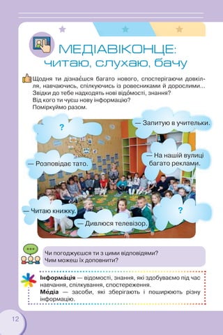 12
МЕДIАВІКОНЦЕ:
читаю, слухаю, бачу
Щодня ти дізнаºшся багато нового, спостерігаючи довкіл-
ля, навчаючись, спілкуючись із ровесниками й дорослими…
Звідки до тебе надходять нові відîмості, знання?
Від кого ти чуєш нову інформацію?
Поміркуймо разом.
— Читаю книжку.
— Запитую в учительки.
— Розповідає тато.
— На нашій вулиці
багато реклами.
ууу.
— Дивлюся телевізор.
Чи погоджуєшся ти з цими відповідями?
Чим можеш їх доповнити?
Інформàція — відомості, знання, які здобуваємо під час
навчання, спілкування, спостереження.
Мåдіа — засоби, які зберігають і поширюють різну
інформацію.
?
?
 